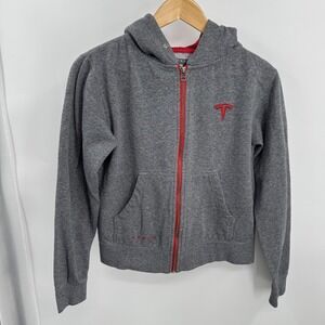 Tesla Women's Full Zip Hoodie Gray Fleece Sweatshirt Size S Red Embroidered Logo